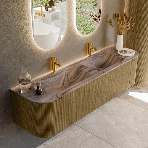 KURVE-DLUX 170cm mueble de baño curva Izquierda + Derecha color Dusk con 1 cajón y 2 puertas. Lavabo LEAF Doble 2 orificios Sombra.