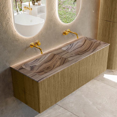 KURVE-DLUX 130cm mueble de baño color Dusk con 2 cajones y sin puerta. Lavabo LEAF Doble sin orificio Sombra.