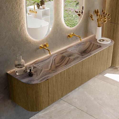 KURVE-DLUX 180cm mueble de baño curva Izquierda + Derecha color Dusk con 2 cajones y 2 puertas. Lavabo LEAF Doble sin orificio Sombra.