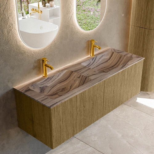 KURVE-DLUX 130cm mueble de baño color Dusk con 2 cajones y sin puerta. Lavabo LEAF Doble 2 orificios Sombra.