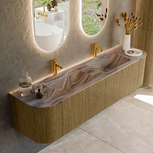 KURVE-DLUX 180cm mueble de baño curva Izquierda + Derecha color Dusk con 2 cajones y 2 puertas. Lavabo LEAF Doble 2 orificios Sombra.