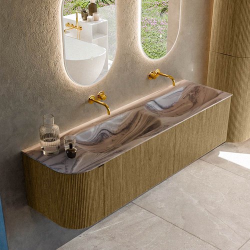 KURVE-DLUX 165cm mueble de baño curva Izquierda color Dusk con 2 cajones y 1 puerta. Lavabo STOR SMALL Doble / Derecho sin orificio Sombra.