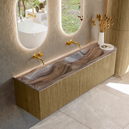 KURVE-DLUX 165cm mueble de baño curva Derecha color Dusk con 2 cajones y 1 puerta. Lavabo STOR SMALL Doble / Izquierda sin orificio Sombra.