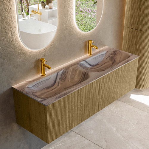 KURVE-DLUX 140cm mueble de baño color Dusk con 2 cajones y sin puerta. Lavabo STOR SMALL Doble 2 orificios Sombra.