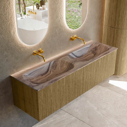 KURVE-DLUX 150cm mueble de baño color Dusk con 2 cajones y sin puerta. Lavabo STOR SMALL Doble sin orificio Sombra.