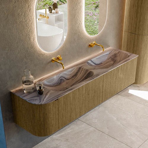KURVE-DLUX 175cm mueble de baño curva Izquierda color Dusk con 2 cajones y 1 puerta. Lavabo STOR SMALL Doble / Derecho sin orificio Sombra.