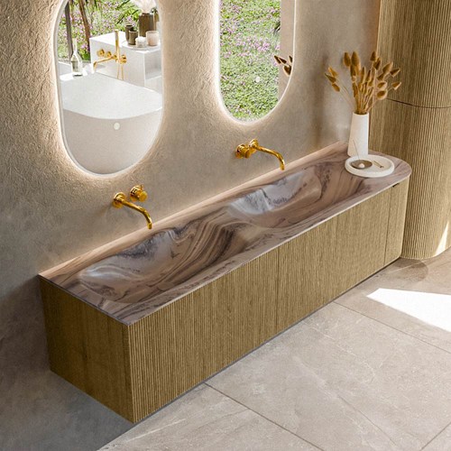 KURVE-DLUX 175cm mueble de baño curva Derecha color Dusk con 2 cajones y 1 puerta. Lavabo STOR SMALL Doble / Izquierda sin orificio Sombra.
