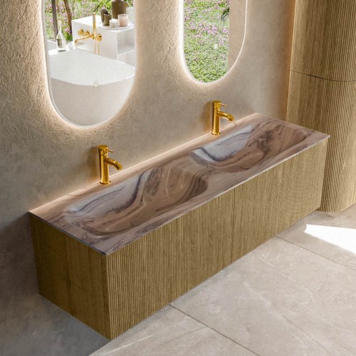 KURVE-DLUX 150cm mueble de baño color Dusk con 2 cajones y sin puerta. Lavabo STOR SMALL Doble 2 orificios Sombra.