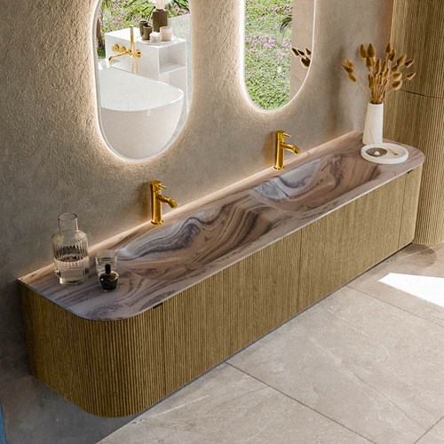 KURVE-DLUX 200cm mueble de baño curva Izquierda + Derecha color Dusk con 2 cajones y 2 puertas. Lavabo STOR SMALL Doble 2 orificios Sombra.