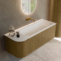 KURVE 125cm bathroom vanity set curve Left color Dusk with 1 drawer and 1 door. Vanity top BIG MEDIUM Right without tab hole, color Talc.