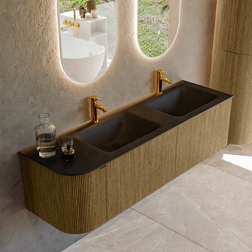 KURVE 155cm bathroom vanity set curve Left color Dusk with 2 drawers and 1 door. Vanity top CLOUD Double / Right 2 tab holes, color Urban.