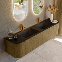 KURVE 180cm meubles de salle de bains courbe Gauche + Droite couleur Dusk avec 2 tiroirs et 2 portes. Lavabo CLOUD Double 2 trous robinetterie, couleur Urban.