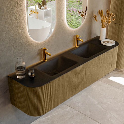 KURVE 180cm meubles de salle de bains courbe Gauche + Droite couleur Dusk avec 2 tiroirs et 2 portes. Lavabo CLOUD Double 2 trous robinetterie, couleur Urban.