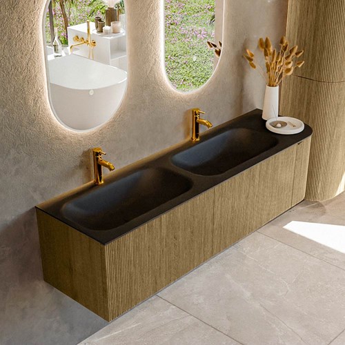 KURVE 165cm meubles de salle de bains courbe Droite couleur Dusk avec 2 tiroirs et 1 porte. Lavabo BIG SMALL Double / Gauche 2 trous robinetterie, couleur Urban.