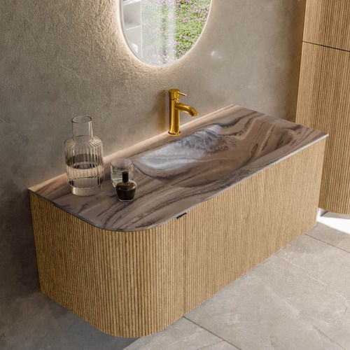 KURVE-DLUX 105cm mueble de baño curva Izquierda color Oak con 1 cajón y 1 puerta. Lavabo BIG SMALL Derecho 1 orificio Sombra.