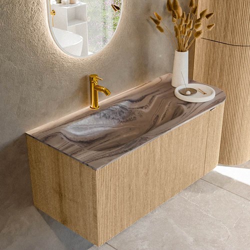 KURVE-DLUX 105cm mueble de baño curva Derecha color Oak con 1 cajón y 1 puerta. Lavabo BIG SMALL Izquierda 1 orificio Sombra.