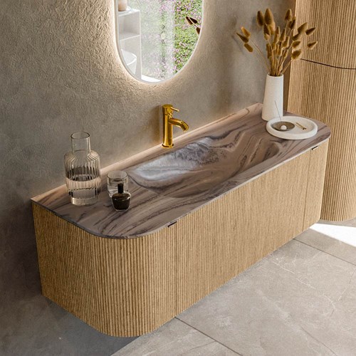 KURVE-DLUX 130cm mueble de baño curva Izquierda + Derecha color Oak con 1 cajón y 2 puertas. Lavabo BIG SMALL Centro 1 orificio Sombra.
