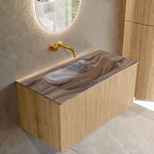 KURVE-DLUX 90cm mueble de baño color Oak con 1 cajón y sin puerta. Lavabo BIG SMALL Centro sin orificio Sombra.