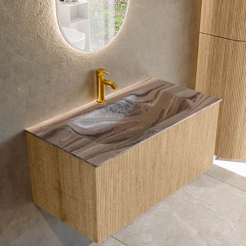 KURVE-DLUX 90cm mueble de baño color Oak con 1 cajón y sin puerta. Lavabo BIG SMALL Centro 1 orificio Sombra.