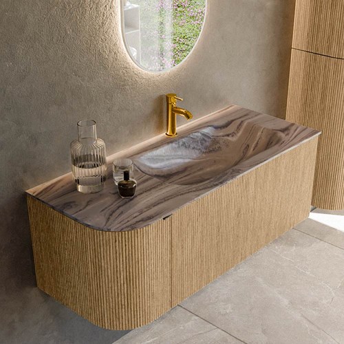 KURVE-DLUX 115cm mueble de baño curva Izquierda color Oak con 1 cajón y 1 puerta. Lavabo BIG SMALL Derecho 1 orificio Sombra.