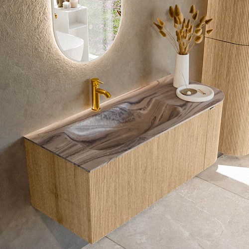 KURVE-DLUX 115cm mueble de baño curva Derecha color Oak con 1 cajón y 1 puerta. Lavabo BIG SMALL Izquierda 1 orificio Sombra.