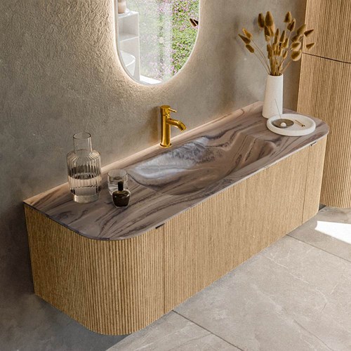 KURVE-DLUX 140cm mueble de baño curva Izquierda + Derecha color Oak con 1 cajón y 2 puertas. Lavabo BIG SMALL Centro 1 orificio Sombra.