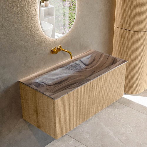 KURVE-DLUX 100cm mueble de baño color Oak con 1 cajón y sin puerta. Lavabo BIG MEDIUM Centro sin orificio Sombra.