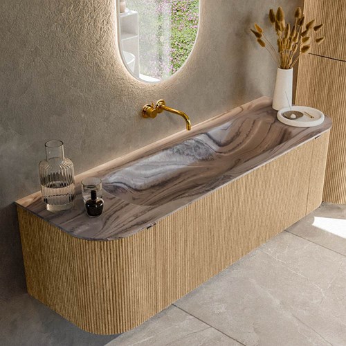 KURVE-DLUX 150cm mueble de baño curva Izquierda + Derecha color Oak con 1 cajón y 2 puertas. Lavabo BIG MEDIUM Centro sin orificio Sombra.