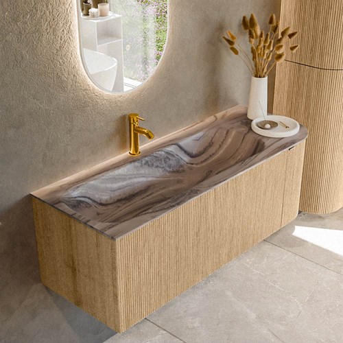 KURVE-DLUX 125cm mueble de baño curva Derecha color Oak con 1 cajón y 1 puerta. Lavabo BIG MEDIUM Izquierda 1 orificio Sombra.