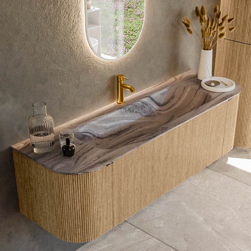 KURVE-DLUX 150cm mueble de baño curva Izquierda + Derecha color Oak con 1 cajón y 2 puertas. Lavabo BIG MEDIUM Centro 1 orificio Sombra.