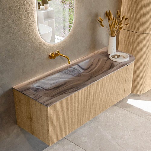 KURVE-DLUX 135cm mueble de baño curva Derecha color Oak con 1 cajón y 1 puerta. Lavabo BIG MEDIUM Izquierda sin orificio Sombra.