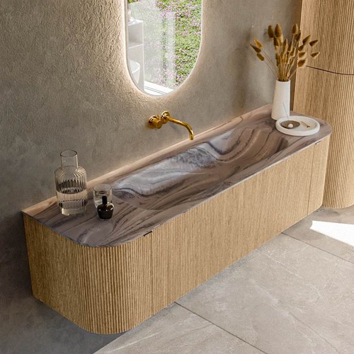 KURVE-DLUX 160cm mueble de baño curva Izquierda + Derecha color Oak con 1 cajón y 2 puertas. Lavabo BIG MEDIUM Centro sin orificio Sombra.