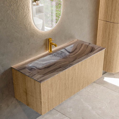 KURVE-DLUX 110cm mueble de baño color Oak con 1 cajón y sin puerta. Lavabo BIG MEDIUM Centro 1 orificio Sombra.