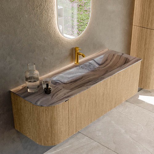 KURVE-DLUX 135cm mueble de baño curva Izquierda color Oak con 1 cajón y 1 puerta. Lavabo BIG MEDIUM Derecho 1 orificio Sombra.