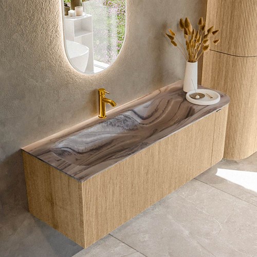 KURVE-DLUX 135cm mueble de baño curva Derecha color Oak con 1 cajón y 1 puerta. Lavabo BIG MEDIUM Izquierda 1 orificio Sombra.