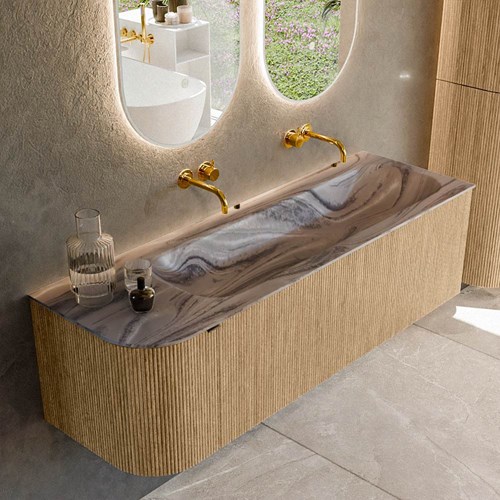 KURVE-DLUX 145cm mueble de baño curva Izquierda color Oak con 1 cajón y 1 puerta. Lavabo BIG LARGE Derecho sin orificio Sombra.