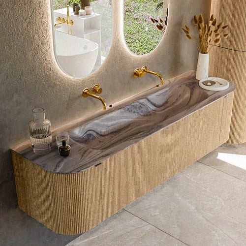 KURVE-DLUX 170cm mueble de baño curva Izquierda + Derecha color Oak con 1 cajón y 2 puertas. Lavabo BIG LARGE Centro sin orificio Sombra.