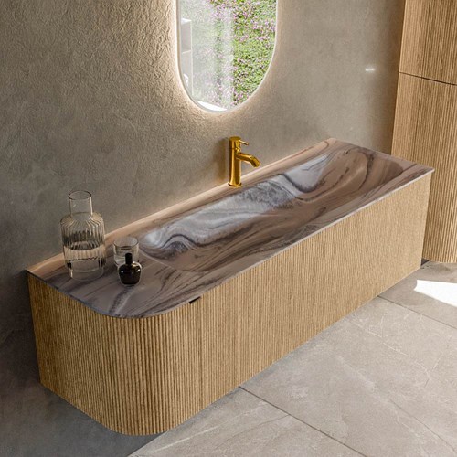 KURVE-DLUX 145cm mueble de baño curva Izquierda color Oak con 1 cajón y 1 puerta. Lavabo BIG LARGE Derecho 1 orificio Sombra.