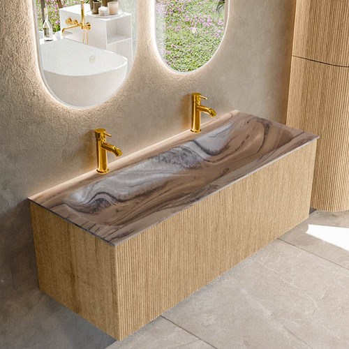 KURVE-DLUX 120cm mueble de baño color Oak con 1 cajón y sin puerta. Lavabo BIG LARGE Centro 2 orificios Sombra.