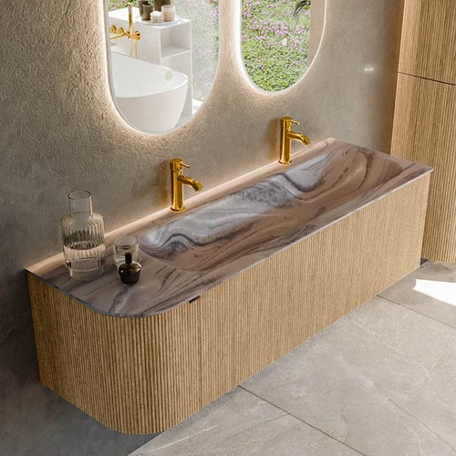 KURVE-DLUX 145cm mueble de baño curva Izquierda color Oak con 1 cajón y 1 puerta. Lavabo BIG LARGE Derecho 2 orificios Sombra.