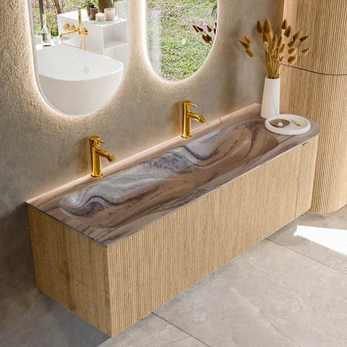 KURVE-DLUX 145cm mueble de baño curva Derecha color Oak con 1 cajón y 1 puerta. Lavabo BIG LARGE Izquierda 2 orificios Sombra.