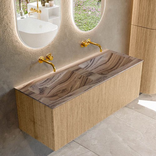 KURVE-DLUX 120cm mueble de baño color Oak con 1 cajón y sin puerta. Lavabo LEAF Doble sin orificio Sombra.