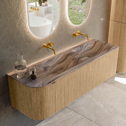 KURVE-DLUX 145cm mueble de baño curva Izquierda color Oak con 1 cajón y 1 puerta. Lavabo LEAF Doble / Derecho sin orificio Sombra.