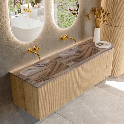 KURVE-DLUX 145cm mueble de baño curva Derecha color Oak con 1 cajón y 1 puerta. Lavabo LEAF Doble / Izquierda sin orificio Sombra.