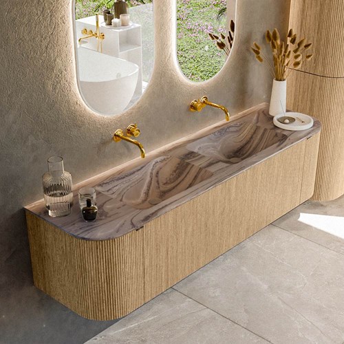 KURVE-DLUX 170cm mueble de baño curva Izquierda + Derecha color Oak con 1 cajón y 2 puertas. Lavabo LEAF Doble sin orificio Sombra.