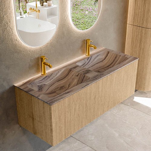 KURVE-DLUX 120cm mueble de baño color Oak con 1 cajón y sin puerta. Lavabo LEAF Doble 2 orificios Sombra.