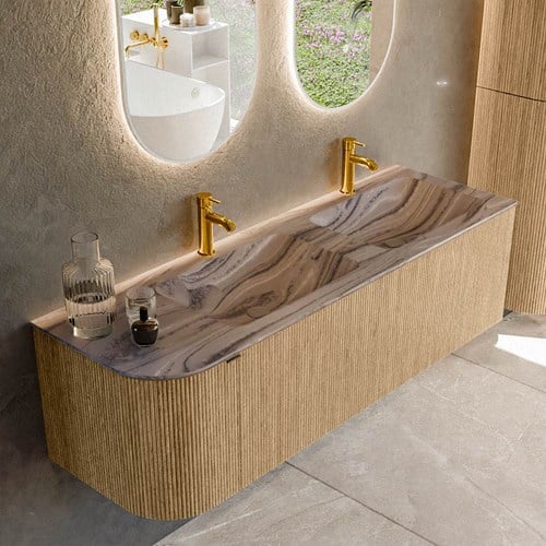 KURVE-DLUX 145cm mueble de baño curva Izquierda color Oak con 1 cajón y 1 puerta. Lavabo LEAF Doble / Derecho 2 orificios Sombra.
