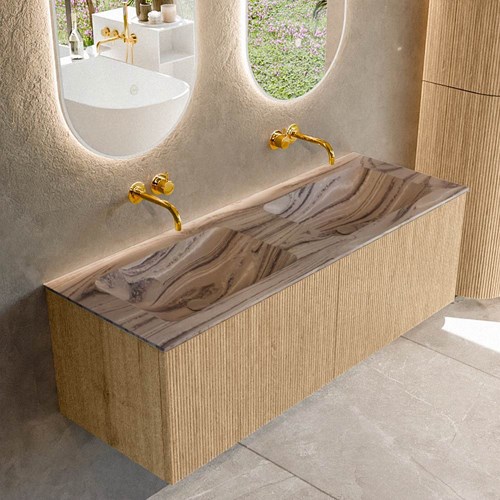 KURVE-DLUX 130cm mueble de baño color Oak con 2 cajones y sin puerta. Lavabo LEAF Doble sin orificio Sombra.