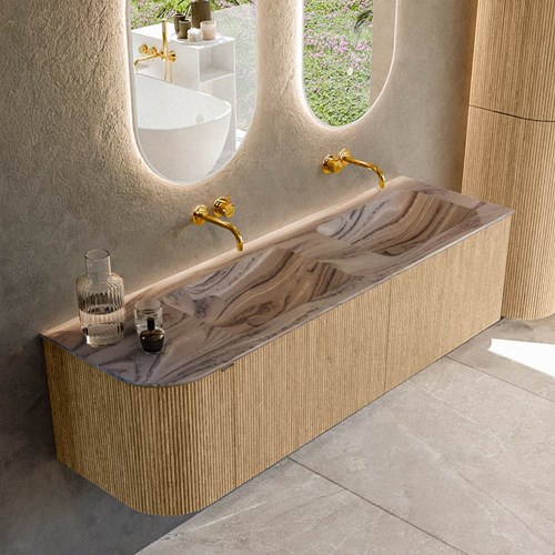 KURVE-DLUX 155cm mueble de baño curva Izquierda color Oak con 2 cajones y 1 puerta. Lavabo LEAF Doble / Derecho sin orificio Sombra.