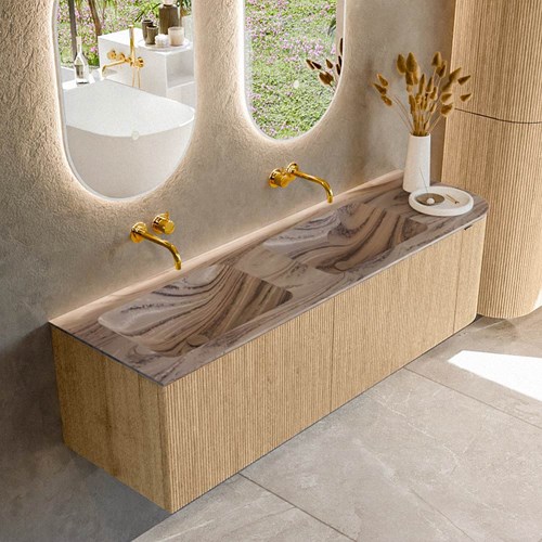 KURVE-DLUX 155cm mueble de baño curva Derecha color Oak con 2 cajones y 1 puerta. Lavabo LEAF Doble / Izquierda sin orificio Sombra.